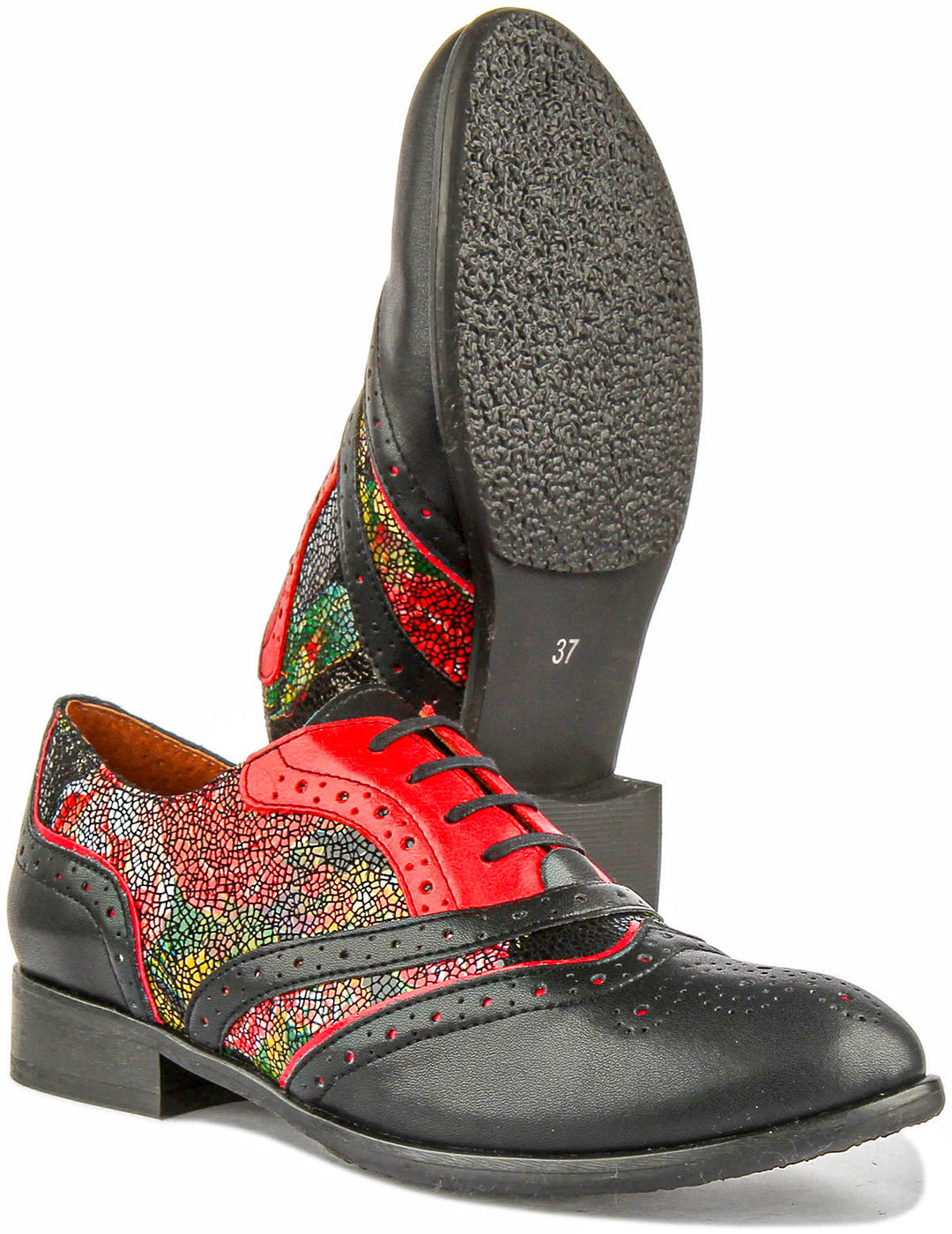 Roxana Lace up Soft Leather Brogue Shoes in Black Floral Red