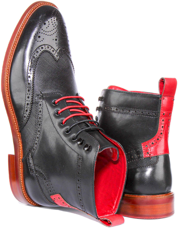 Cameron Lace up Brogue Ankle Boots In Black Red