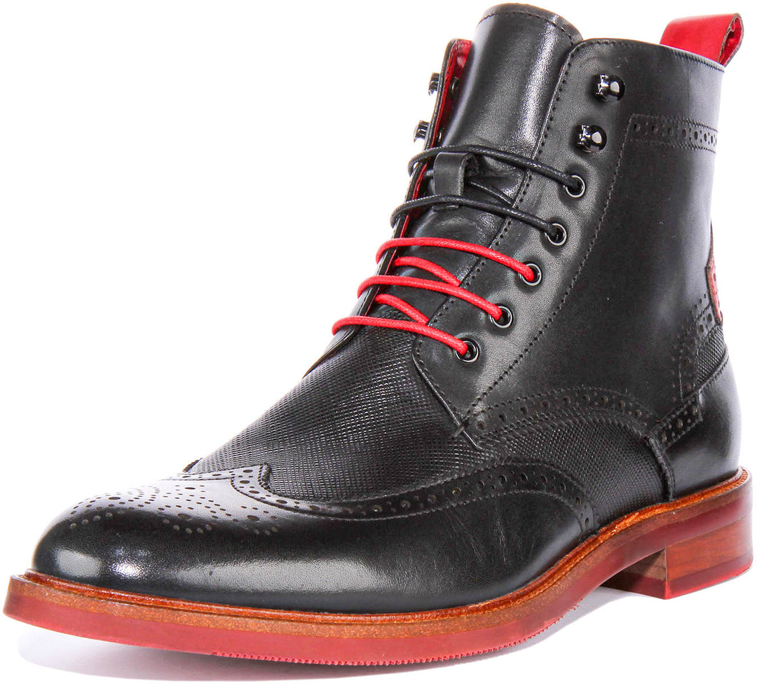 Cameron Lace up Brogue Ankle Boots In Black Red