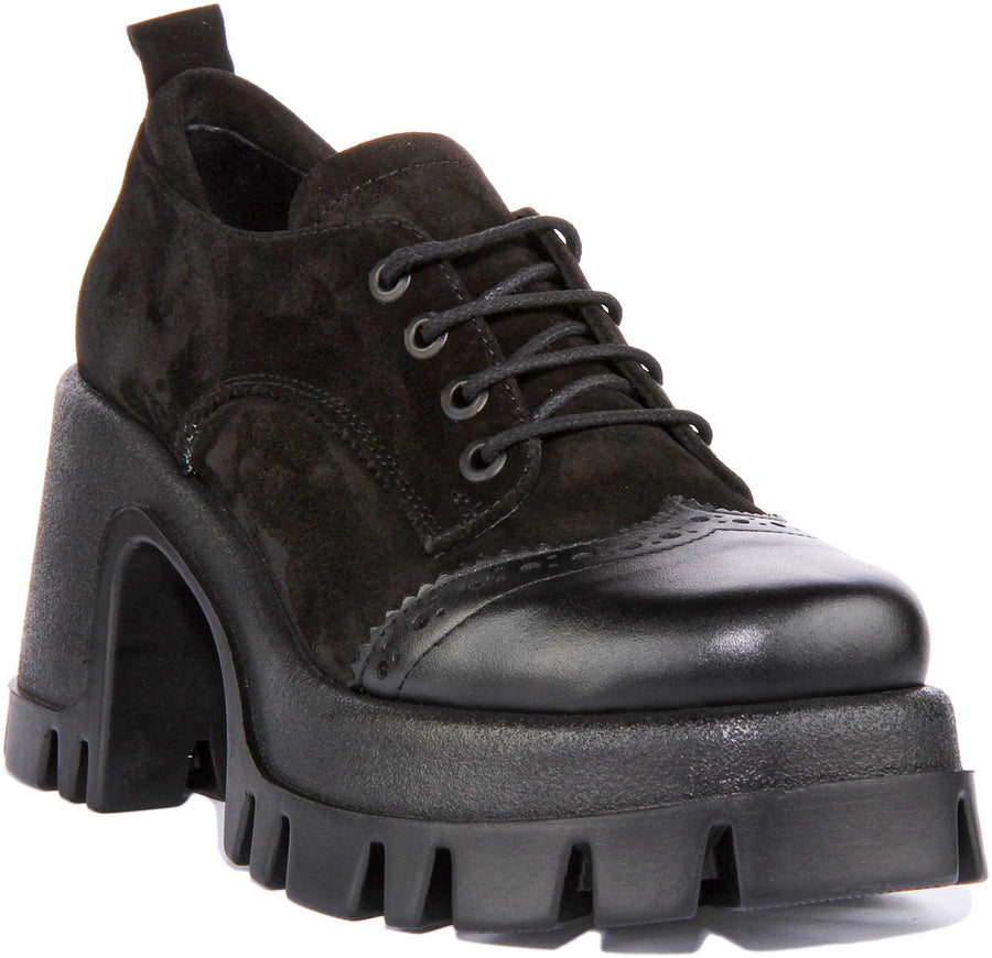 JUSTINREESS Womens Lace up Black Suede | Chunky Sole Brogue Shoes ...