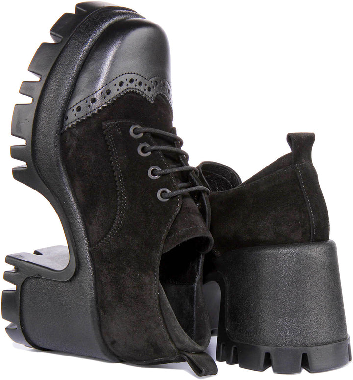 JUSTINREESS Womens Lace up Black Suede | Chunky Sole Brogue Shoes ...
