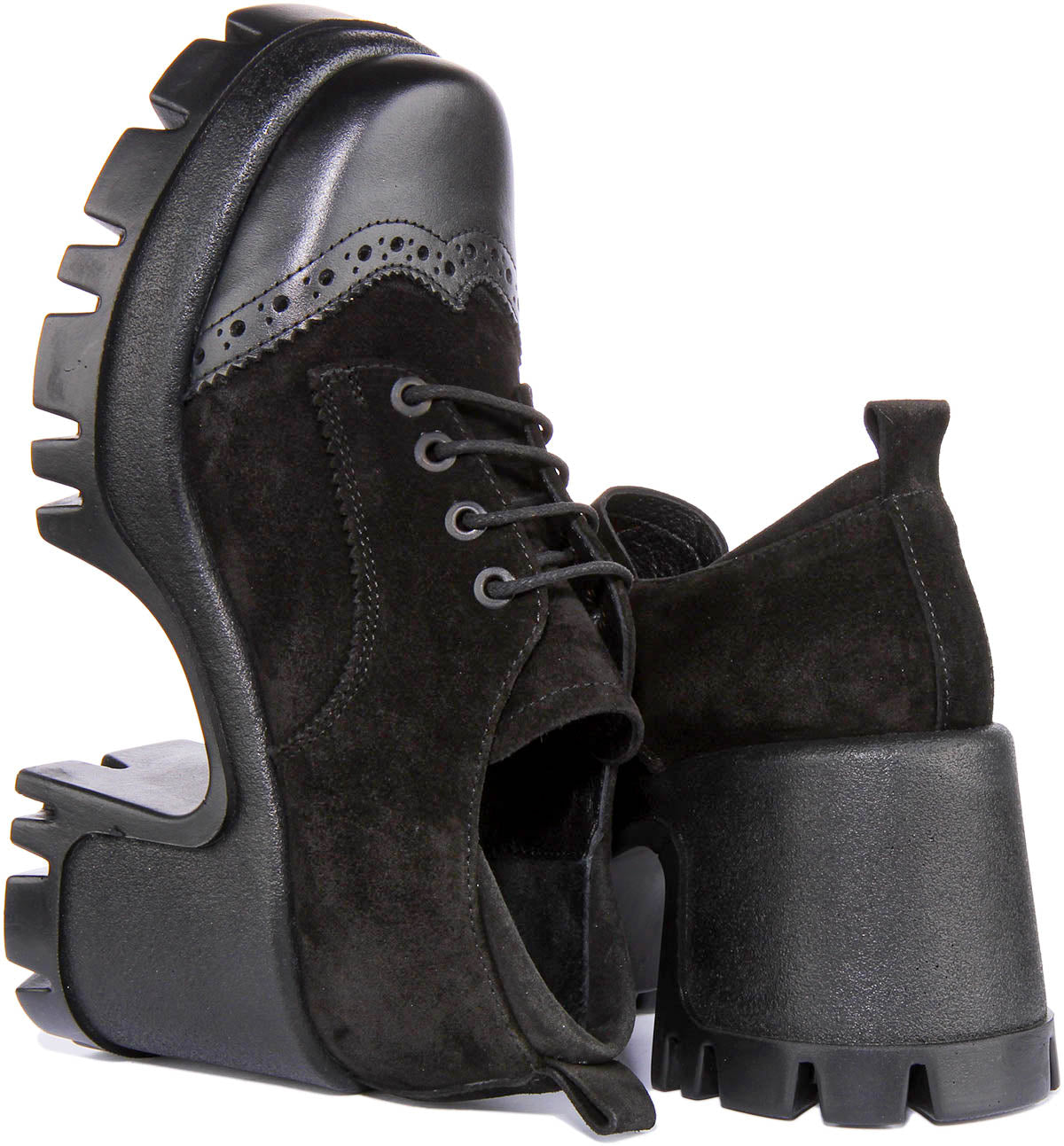 JUSTINREESS Womens Lace up Black Suede | Chunky Sole Brogue Shoes ...