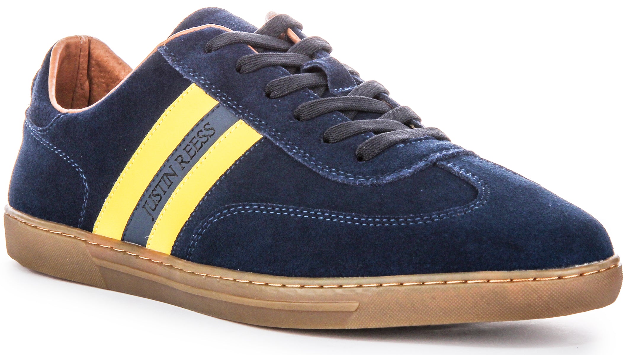 JUSTINREESS ENGLAND Mens Lace up Navy Yellow Retro Suede Trainers Justin Reess