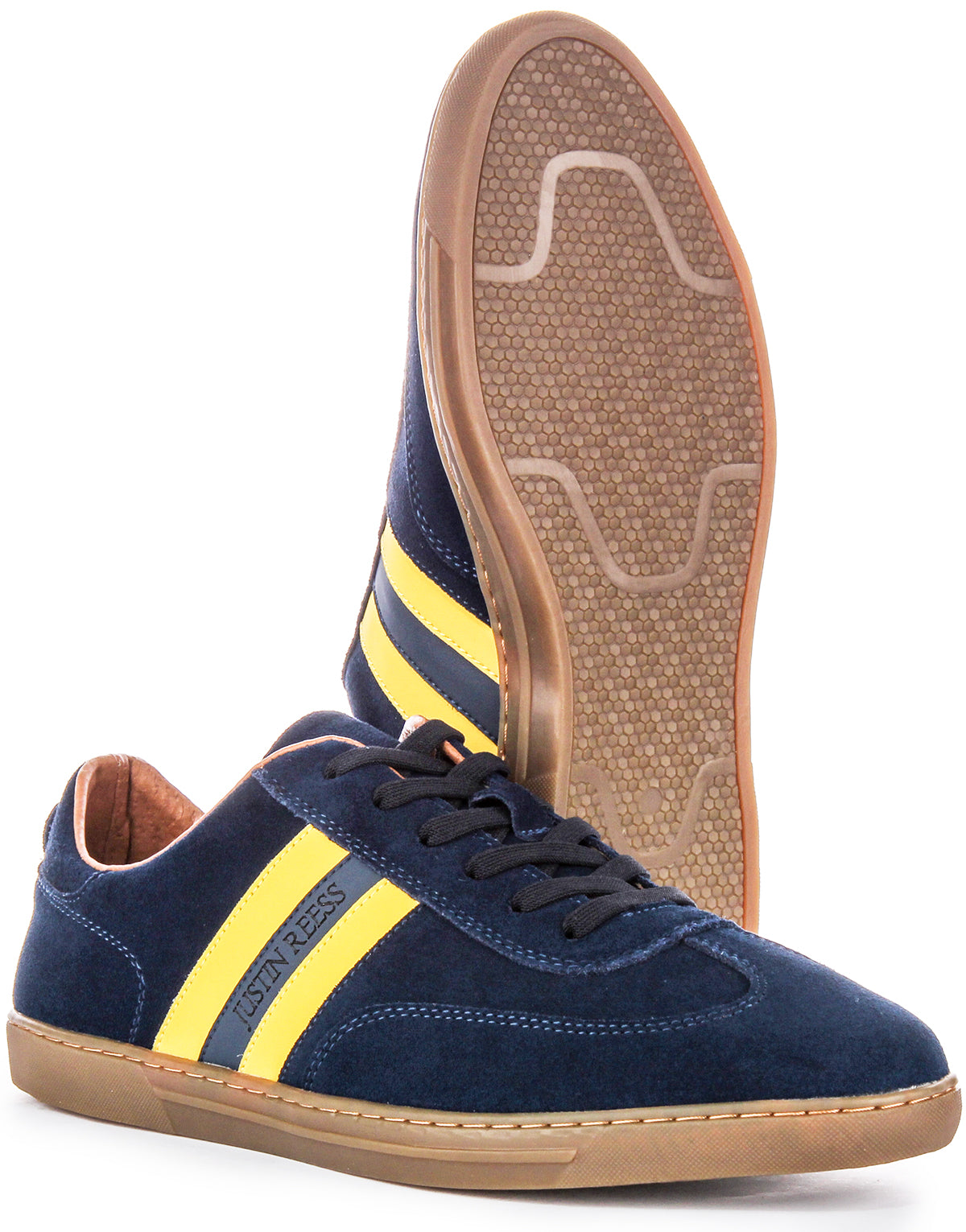 Justinreess England Mens Lace Up Navy Yellow Retro Suede Trainers