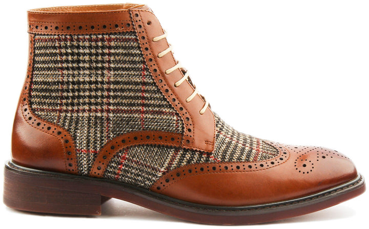 Alvin Lace Up Leather & Tweed Boot In Brown
