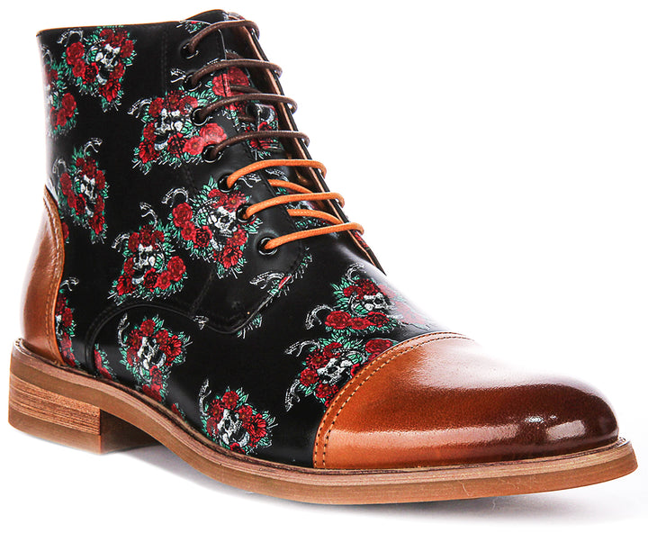 Adam Skull Rose Ankle Boots In Brown