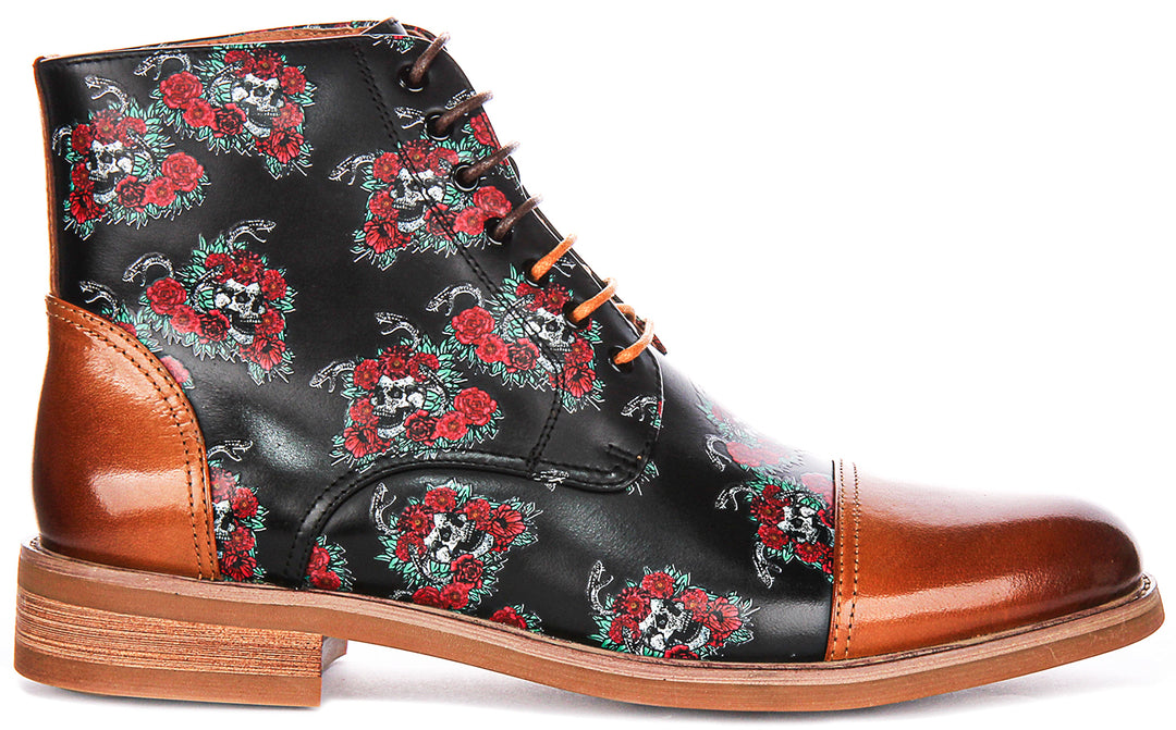 Adam Skull Rose Ankle Boots In Brown