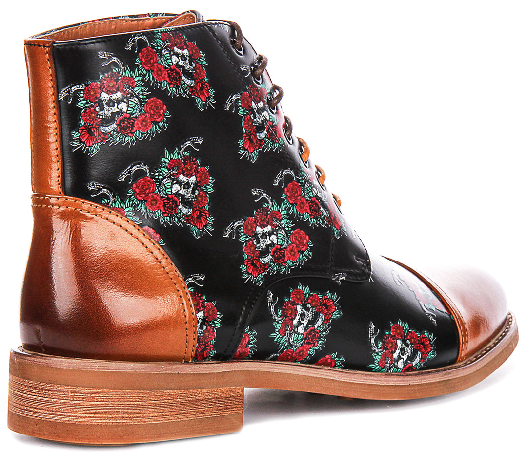 Adam Skull Rose Ankle Boots In Brown