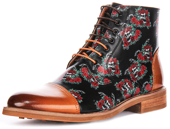 Adam Skull Rose Ankle Boots In Brown