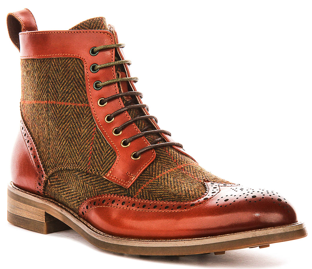 Remi Brogue Boot In Brown Green Tweed