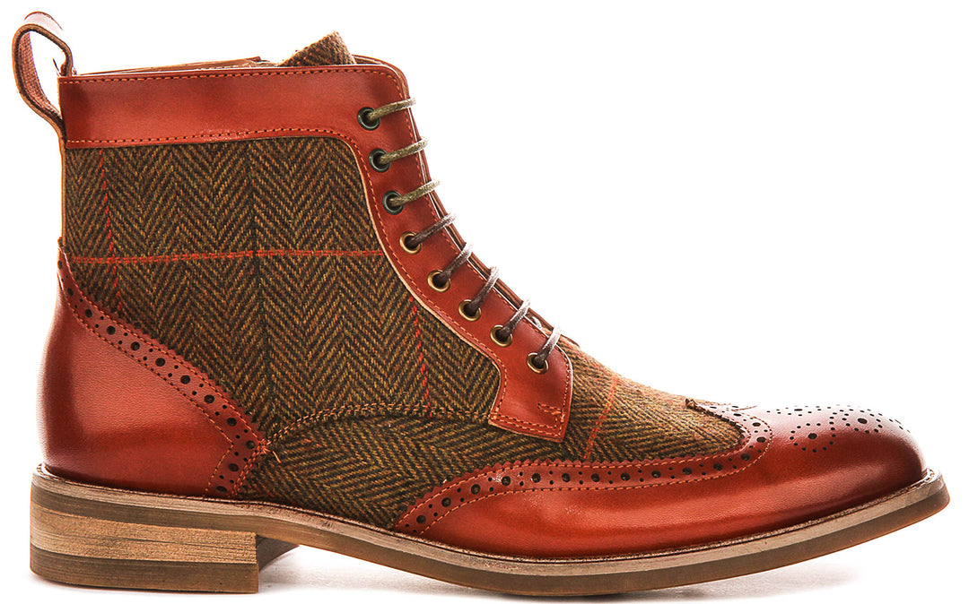 Remi Brogue Boot In Brown Green Tweed