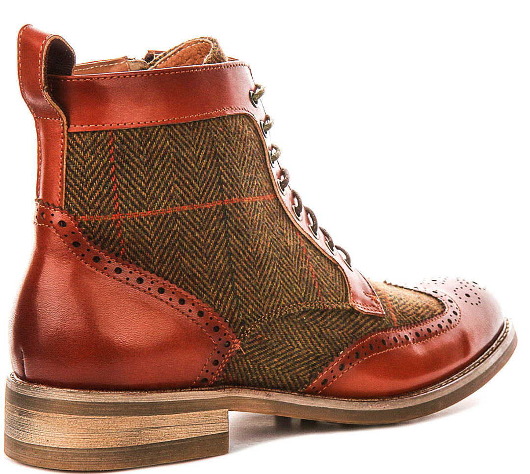 Remi Brogue Boot In Brown Green Tweed