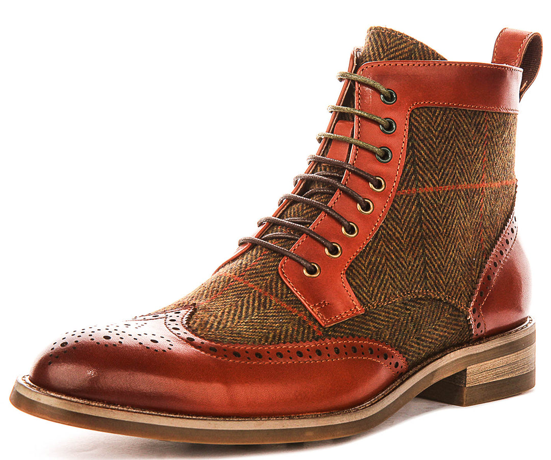 Remi Brogue Boot In Brown Green Tweed