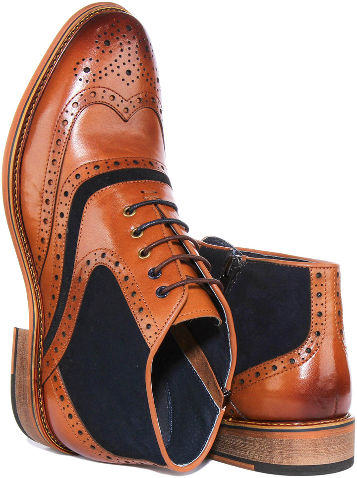 Hawkin Two Tone Leather & Suede Lace Up Boot In Brown Blue
