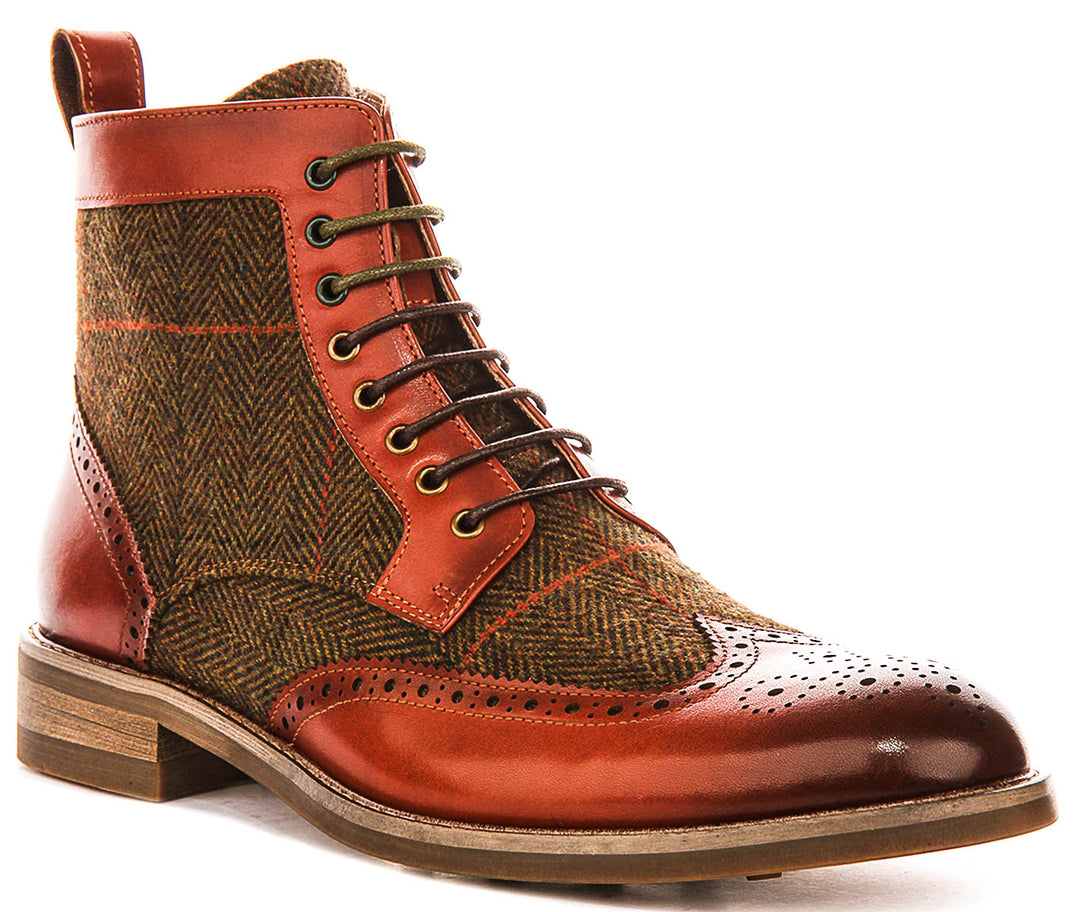 Remi Brogue Boot In Dark Tan Green Tweed