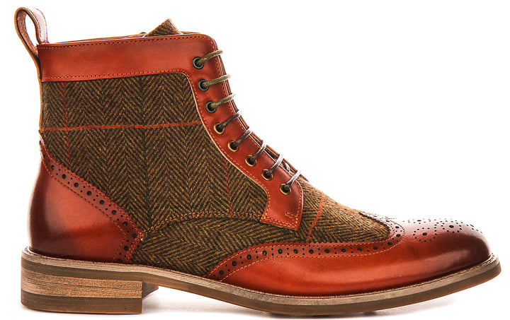 Remi Brogue Boot In Dark Tan Green Tweed
