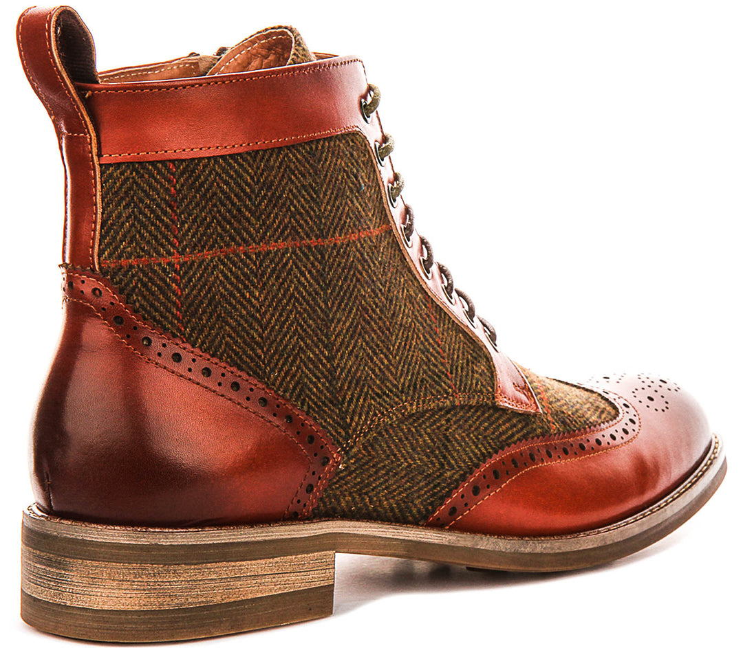 Remi Brogue Boot In Dark Tan Green Tweed