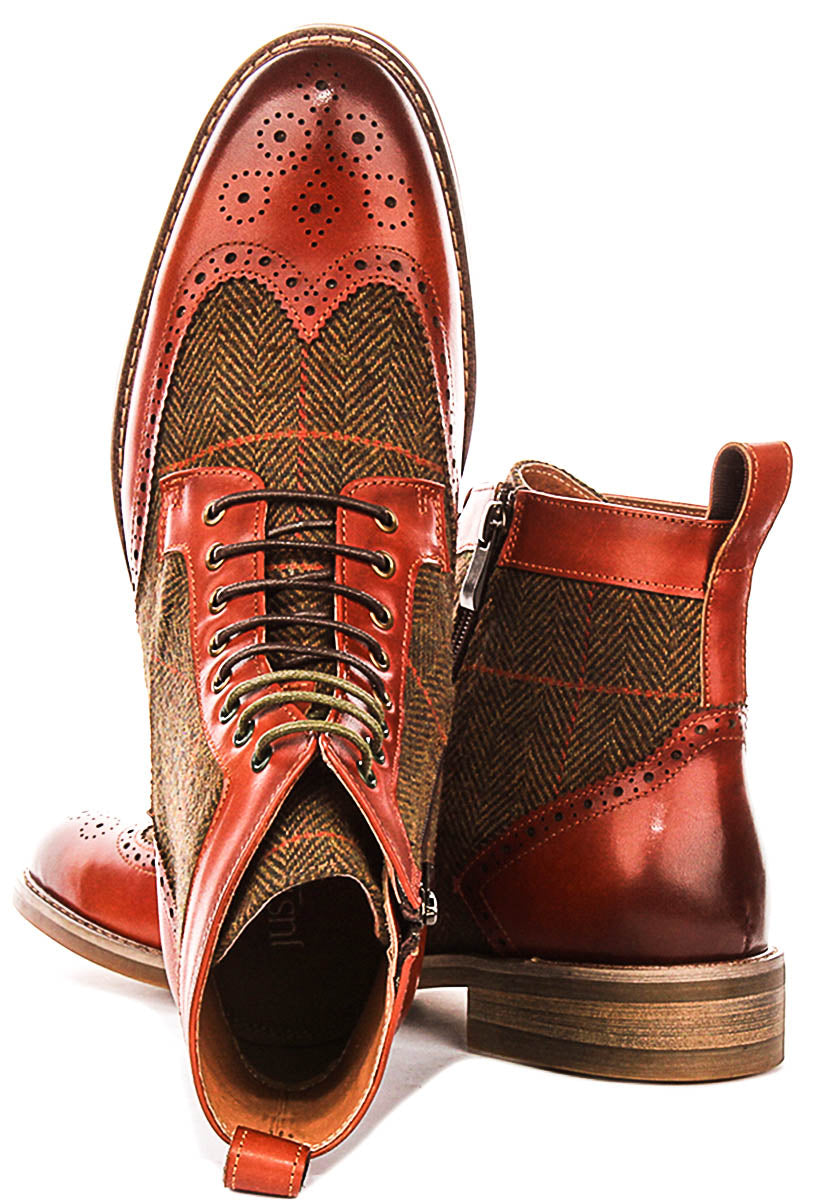 Remi Brogue Boot In Dark Tan Green Tweed