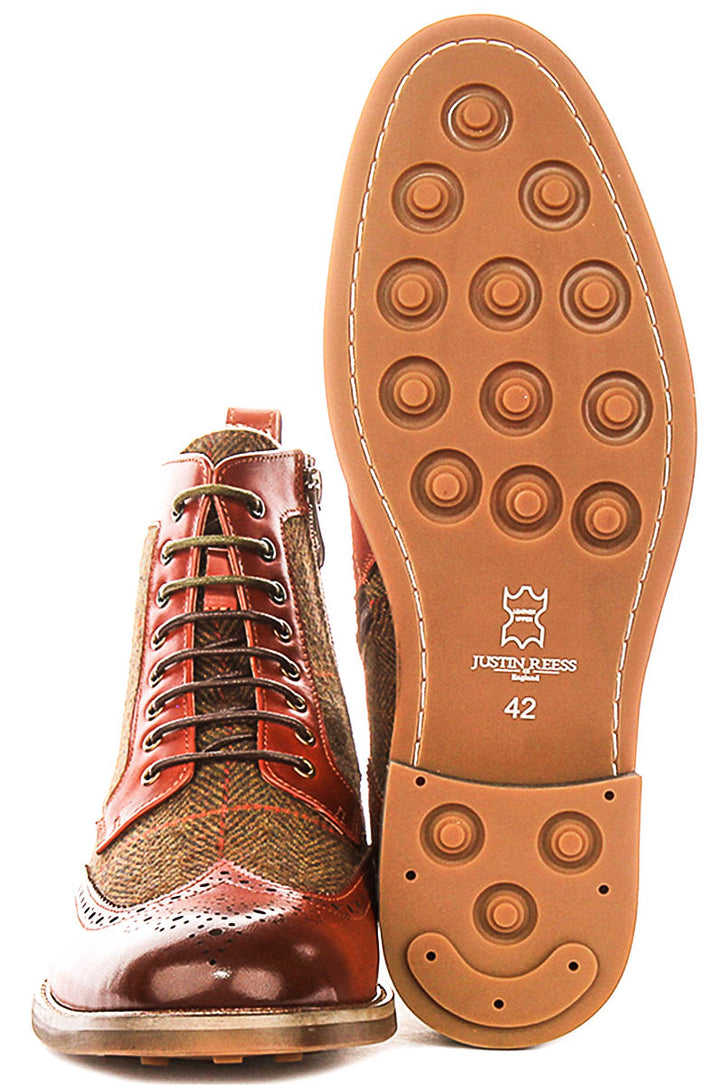 Remi Brogue Boot In Dark Tan Green Tweed
