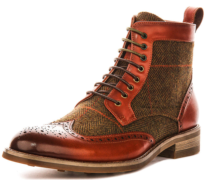Remi Brogue Boot In Dark Tan Green Tweed
