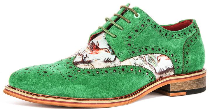 Wolf In Green Wildlife Print Brogue Shoes