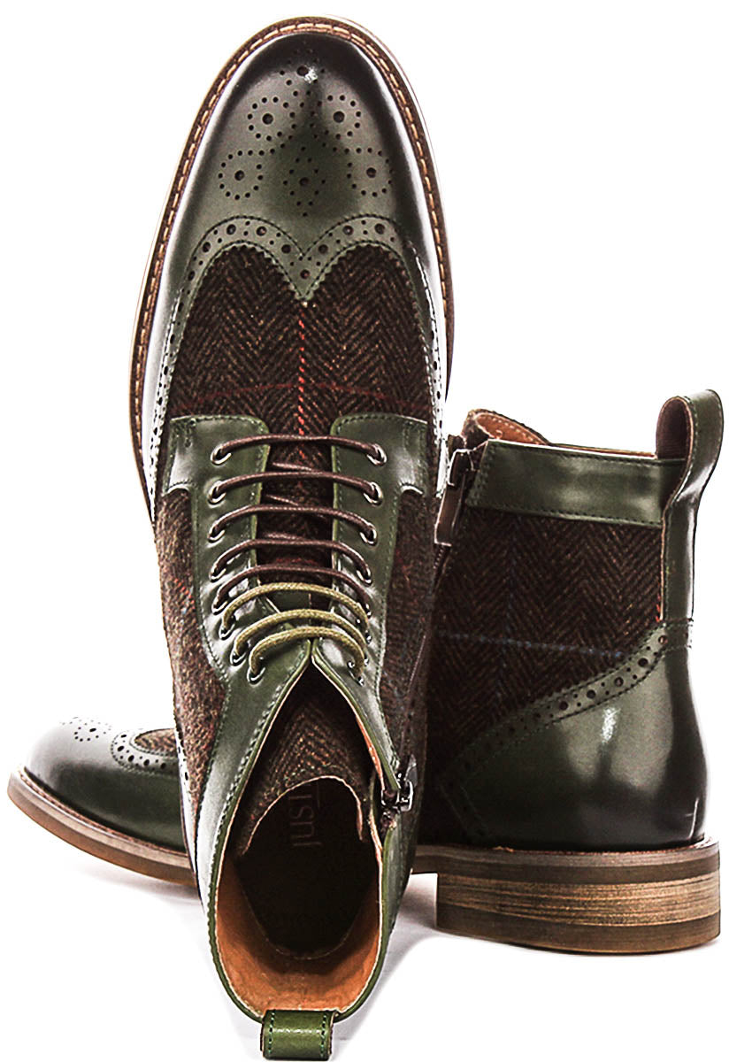 Remi Brogue Boot In Green Tweed