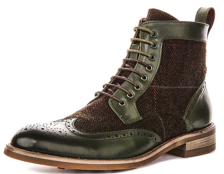 Remi Brogue Boot In Green Tweed