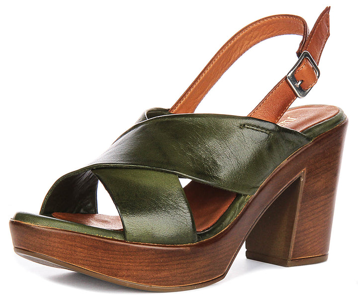 Enya Heel Sandals In Khaki Green Tan