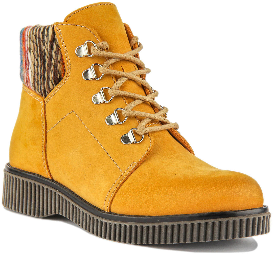 Grace In Mustard Women Lace Up Warm Sock Collar Leather Ankle