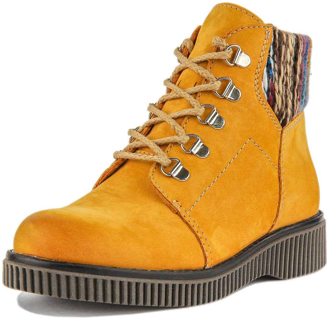 Grace Warm Lace Up Boot With Sock Collar In Mustard