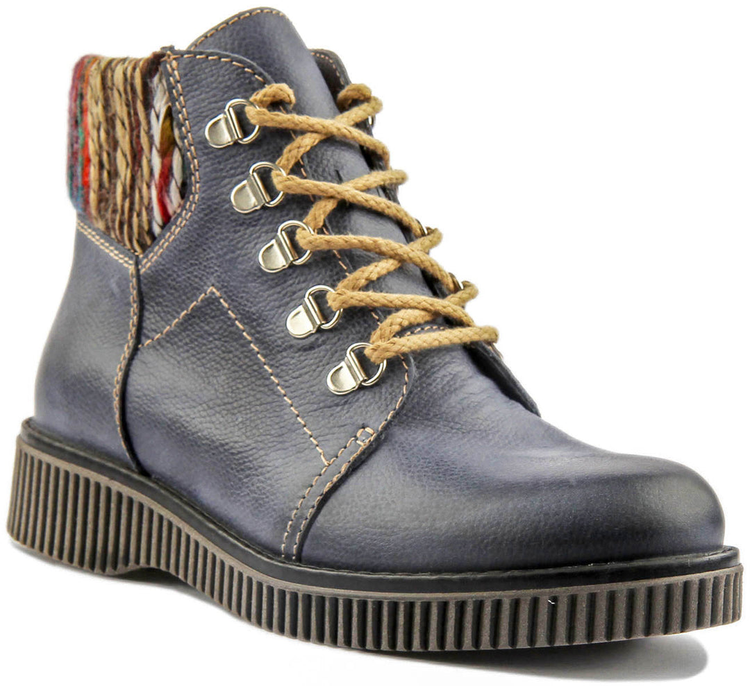 Grace Warm Lace Up Boot With Sock Collar In Navy