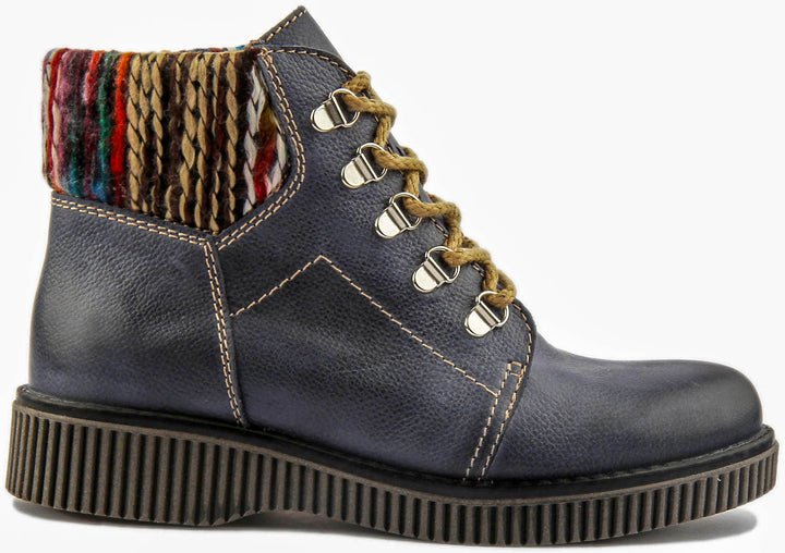 Grace Warm Lace Up Boot With Sock Collar In Navy