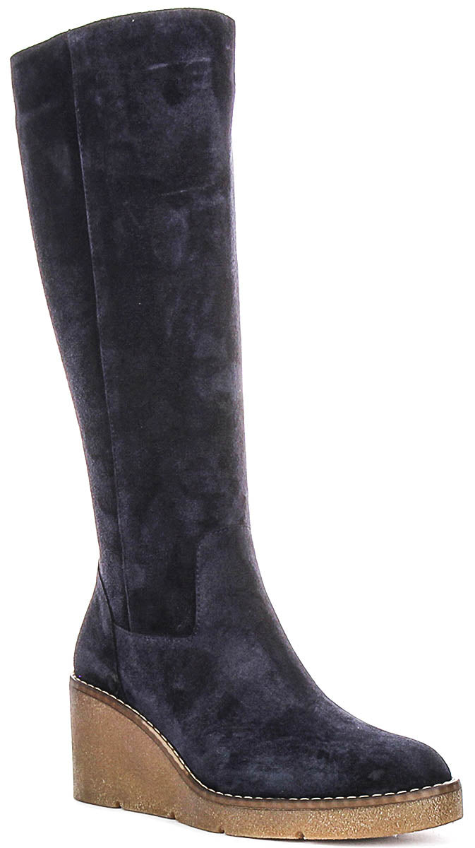 Amber Suede Long Wedge Boots In Navy
