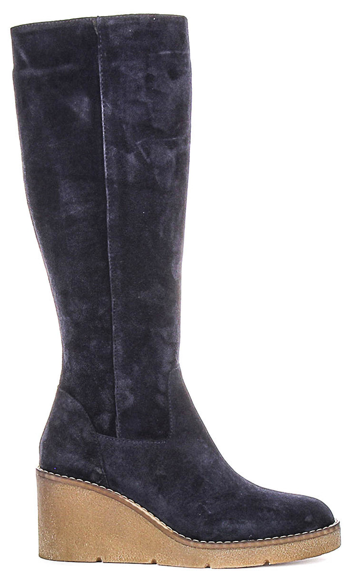 Amber Suede Long Wedge Boots In Navy
