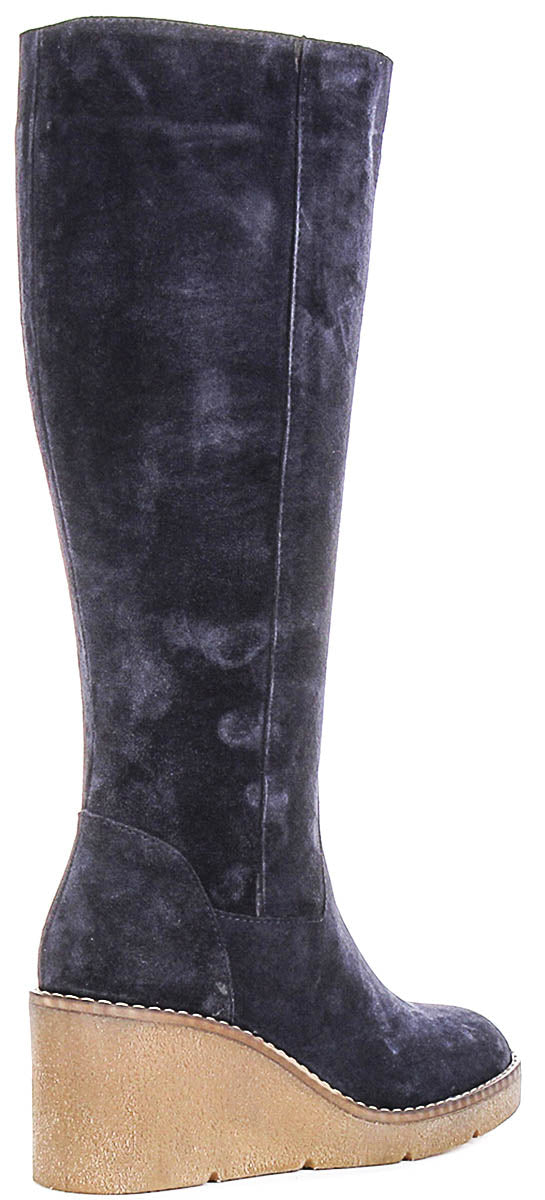 Amber Suede Long Wedge Boots In Navy