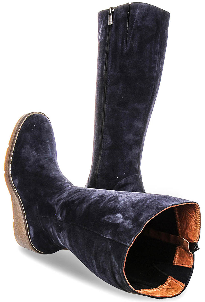 Amber Suede Long Wedge Boots In Navy
