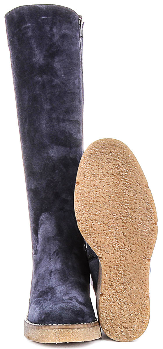 Amber Suede Long Wedge Boots In Navy