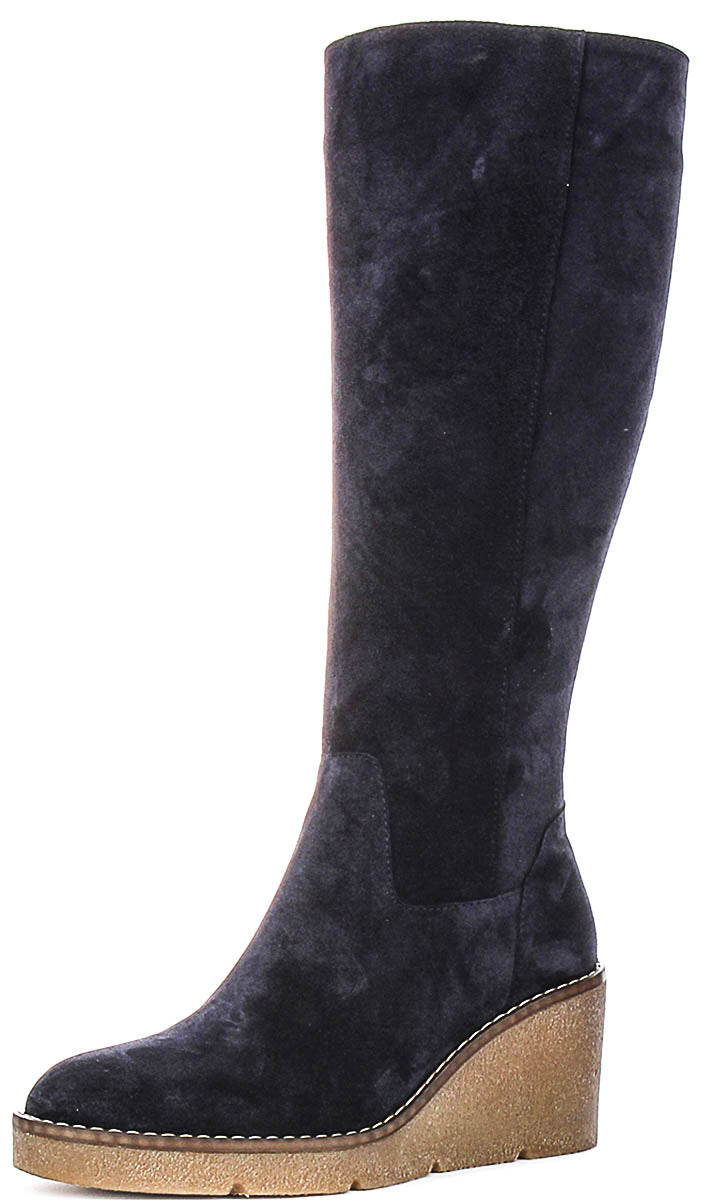 Amber Suede Long Wedge Boots In Navy
