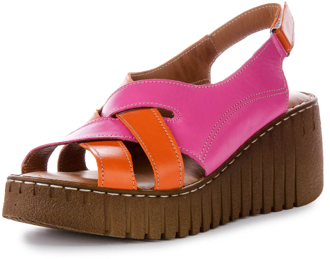 JUSTINREESS Womens Leather Pink Orange Wedge Comfort Sandals
