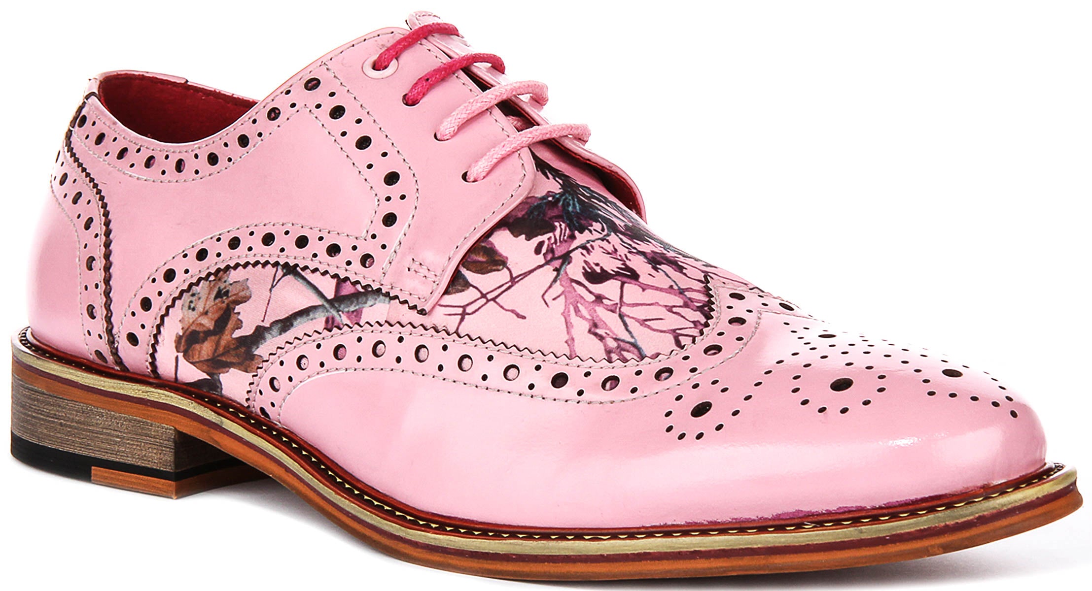 Wolf in pink wildlife print mens leather brogue shoes by Justinreess England