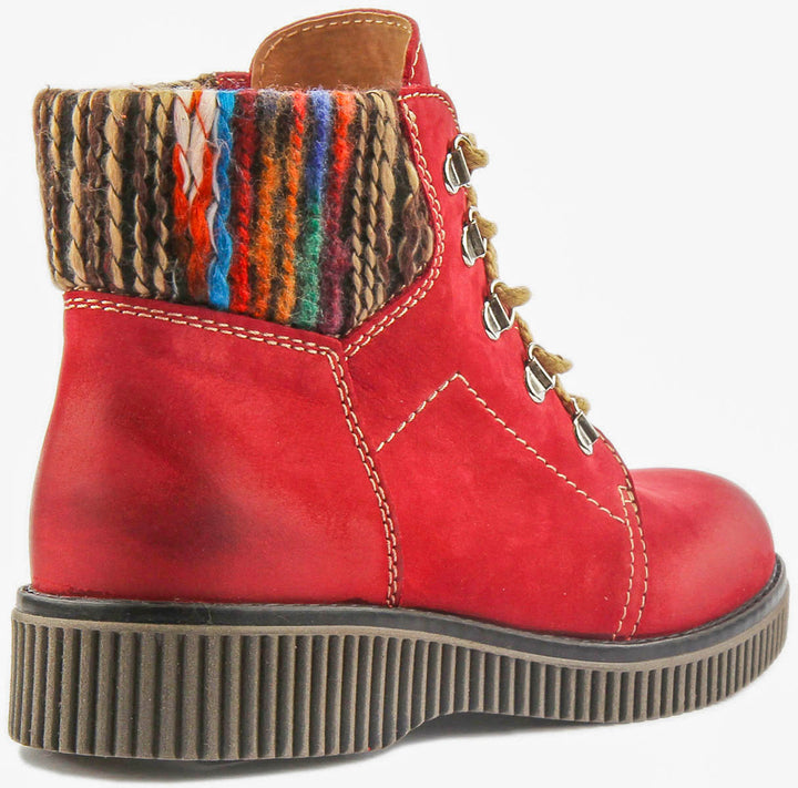Grace Warm Lace Up Boot With Sock Collar In Red