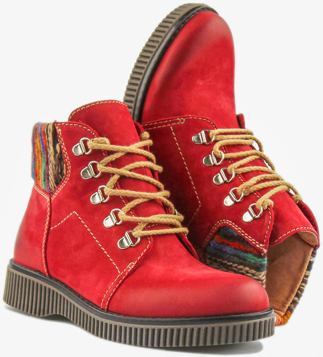 Grace Warm Lace Up Boot With Sock Collar In Red