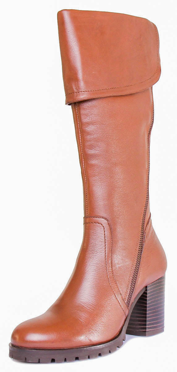 Celia Leather Heeled Boot With Side Zip In Tan