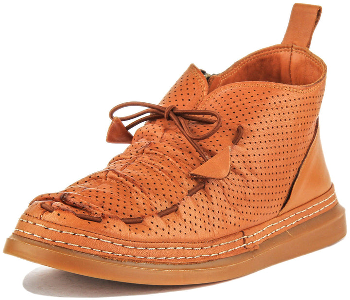Lia Perforated Ankle Boot In Tan