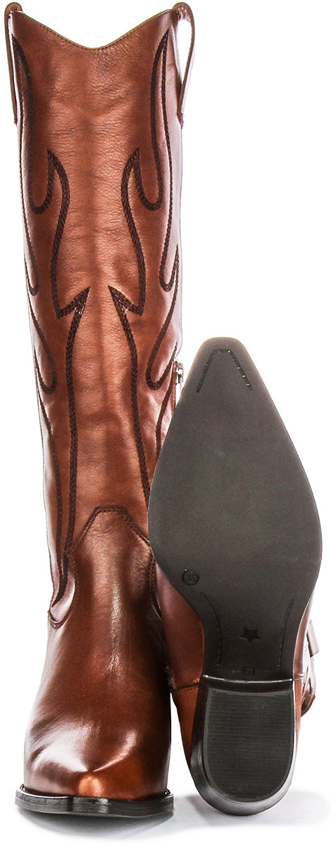 Willa Cowboy Knee High Boot In Tan