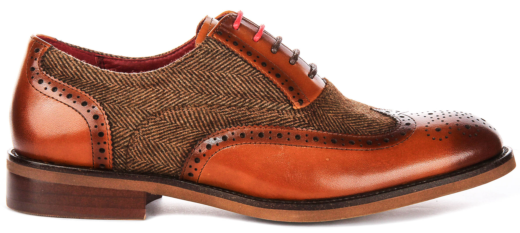 JUSTINREESS Mens Lace Up Brown Leather Tweed Wingtip Brogue Shoes ...