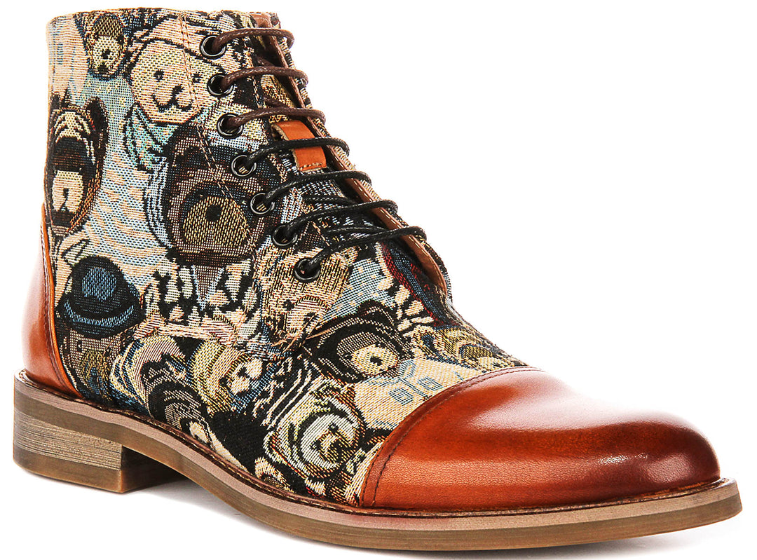 Gus Bear Print In Tan Oxford Boots
