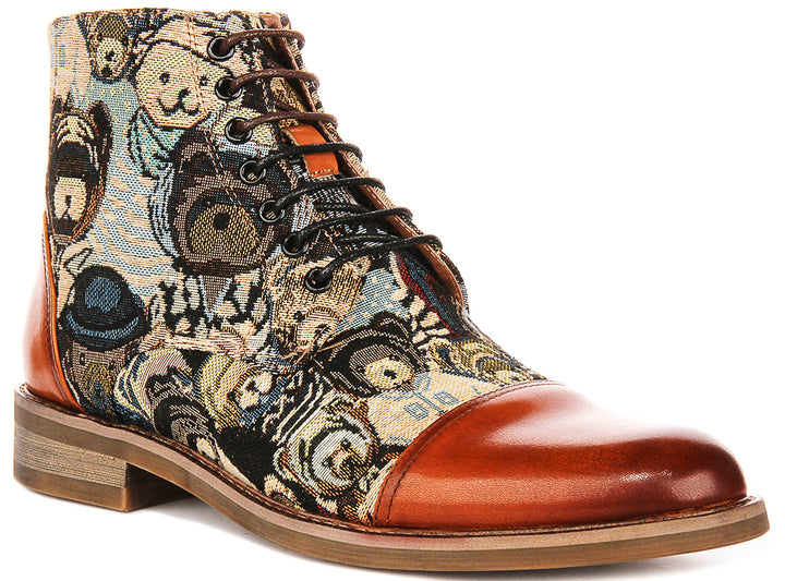 Gus Bear Print In Tan Oxford Boots