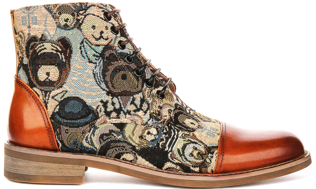 Gus Bear Print In Tan Oxford Boots