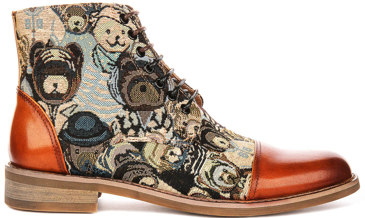 Gus Bear Print In Tan Oxford Boots